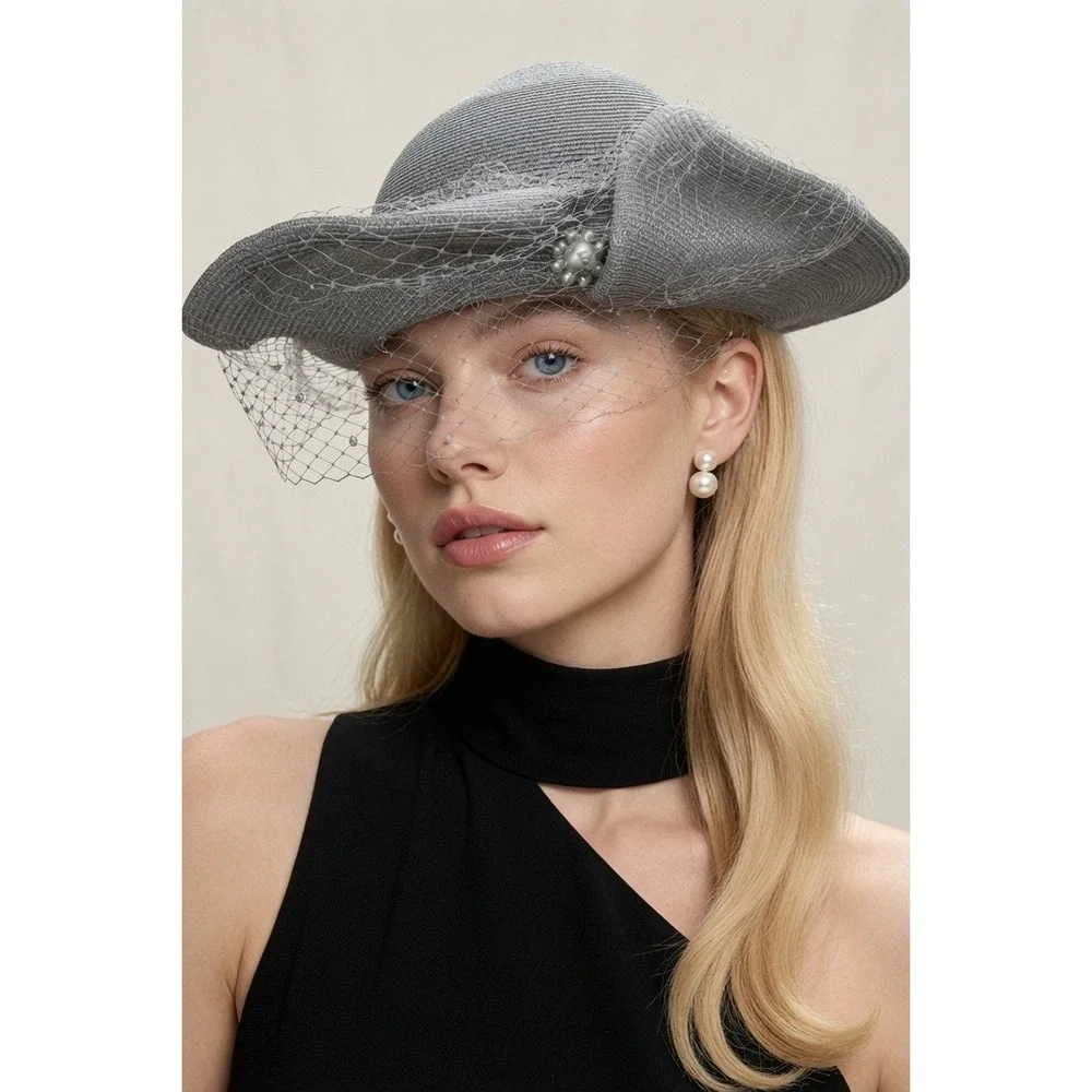 Vintage Style Grey Fascinator Cocktail Hat Pearl Floral Birdcage Veil Church Tea